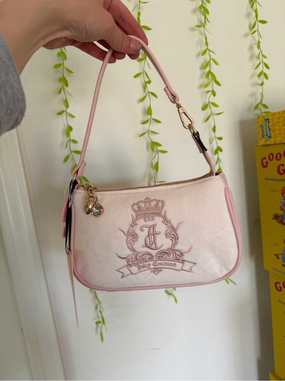 Juicy Couture Pale Pink Velvet Mini Shoulder Bag with Gold Charms